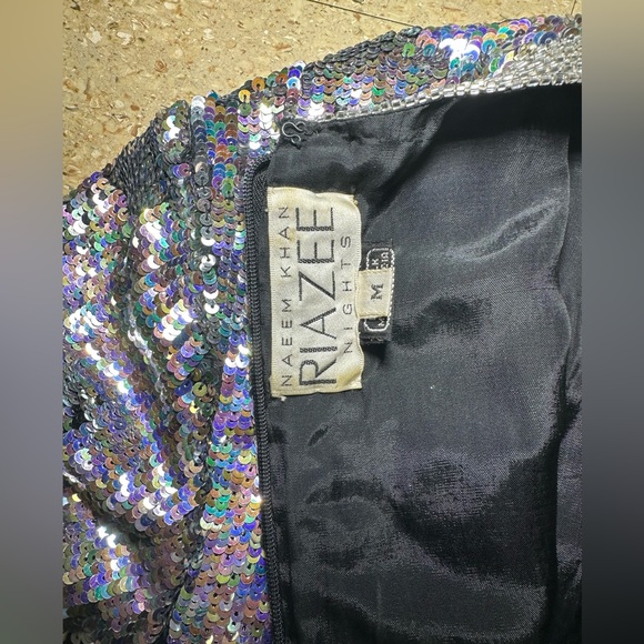 Naeem Khan Riazee Nights Silk Silver Black Sequin Mini Sheath Dress Vintage Sz M - Picture 4 of 8